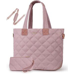 Womens Pink Puffer Shoulder Tote Quilted Work Bag Laptop Sleeve Compartment